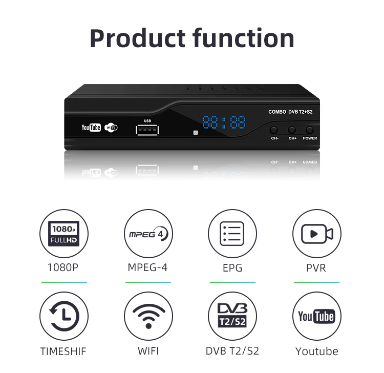 Factory hot selling HUIFENG HD Free To Air LNB YouTube GX6605S Chipset DVB T2 DVB S2 DVB Combo Decoder Satellite TV Receiver