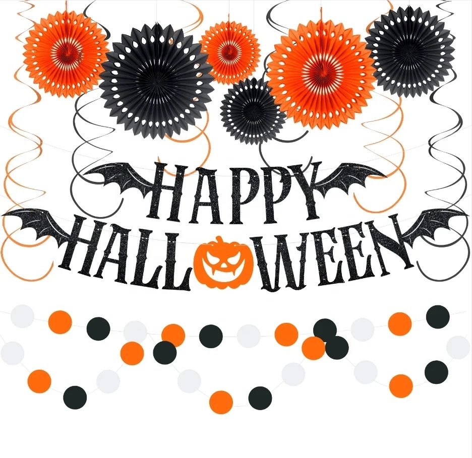 UMISS Eco-friendly 15pcs Happy Halloween Festival Party Decorations,Including Paper Bat Banner Tissue Fans Swirls Garland