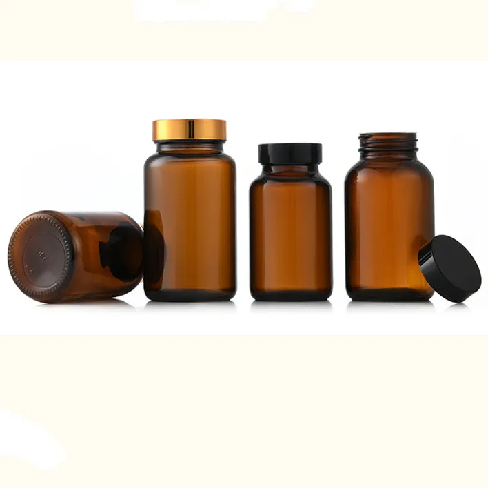 pop sale 250cc Boston Round Wide Mouth amber Capsule Medicine Powder Pill Glass Bottle With Screw Top Cap