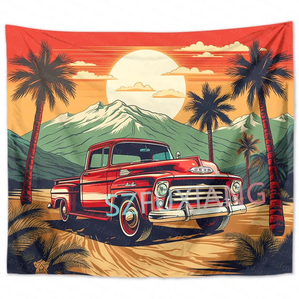 Coconut trees car Hawaiian sea scenery tapestry beach towel Home psychedelic hanging cloth bedroom decorative background wall