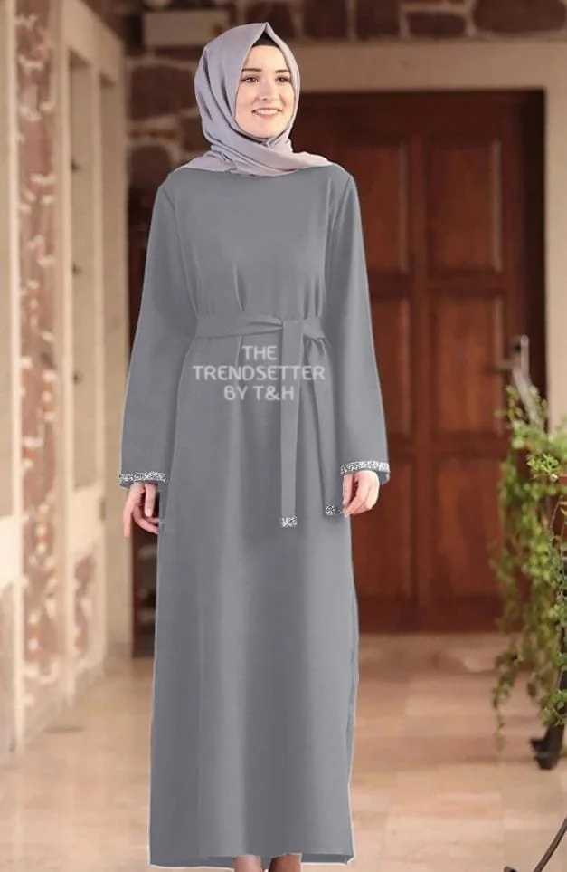 Q11D170- Collection Muslim Women Abaya High Quality Elegant Islamic Clothing Long Sleeve Abaya With grey Chiffon scarf