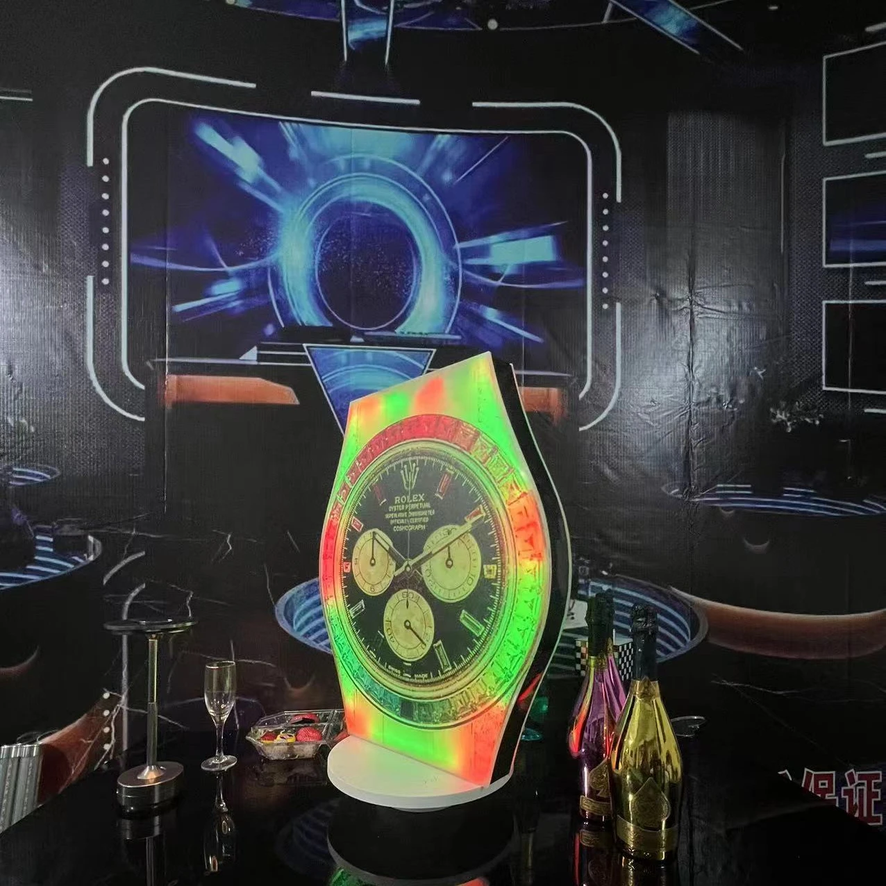 Watch shape Acrylic VIP Service Display Custom  LED Letter Message Board Bottle Presenter With 26pcs Alphabet For Night Club Bar