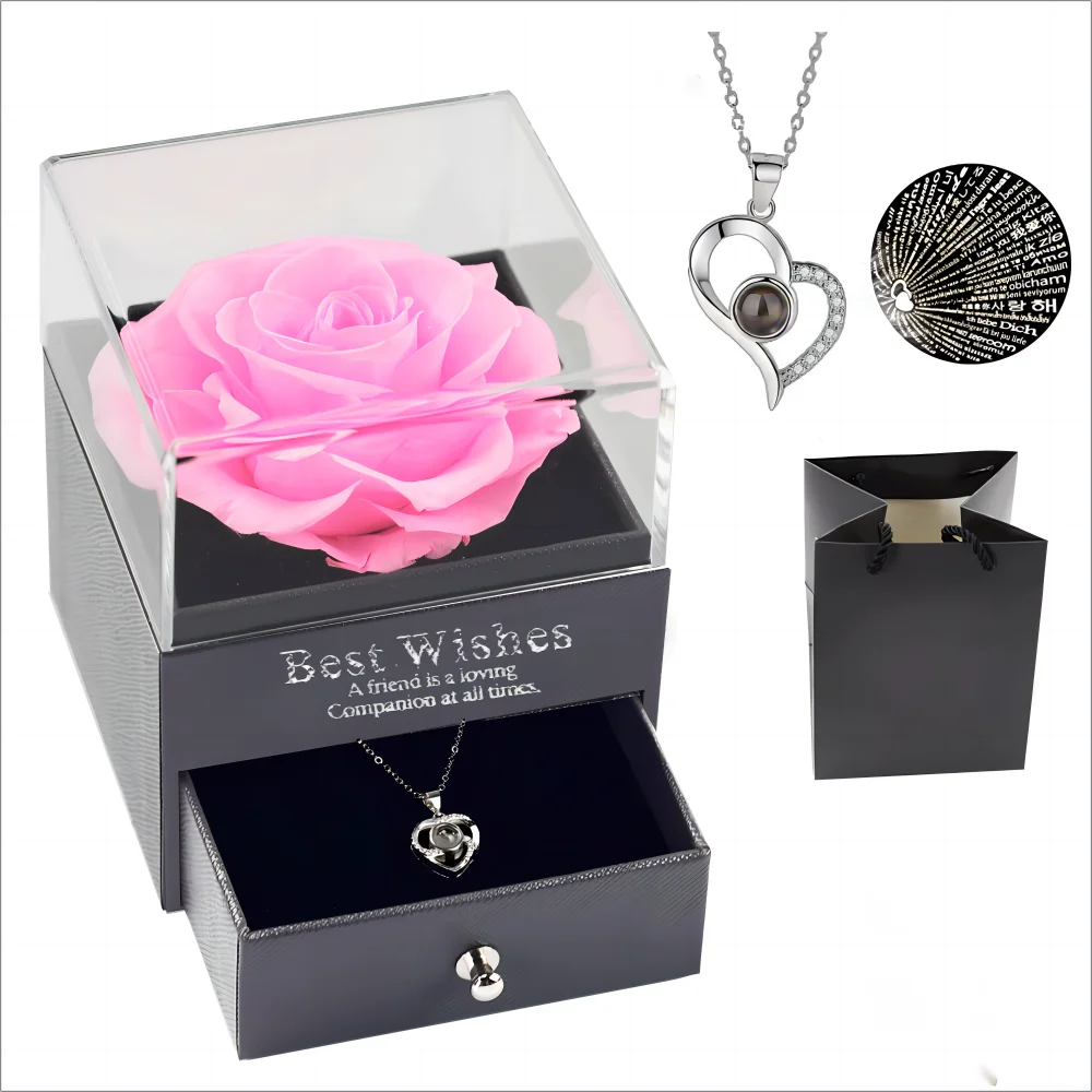 Valentines thanksgiving Mother Day Gift Preserved Roses in Acrylic Box Preserved Roses Box With I Love You Necklace Gift