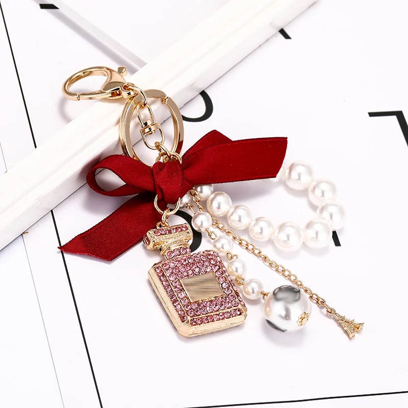 Ins Korean Black Pink Bow Pearl Key Holder Chain Handmade Bowknot Rhinestone Perfume Bottle Keychain For Gift