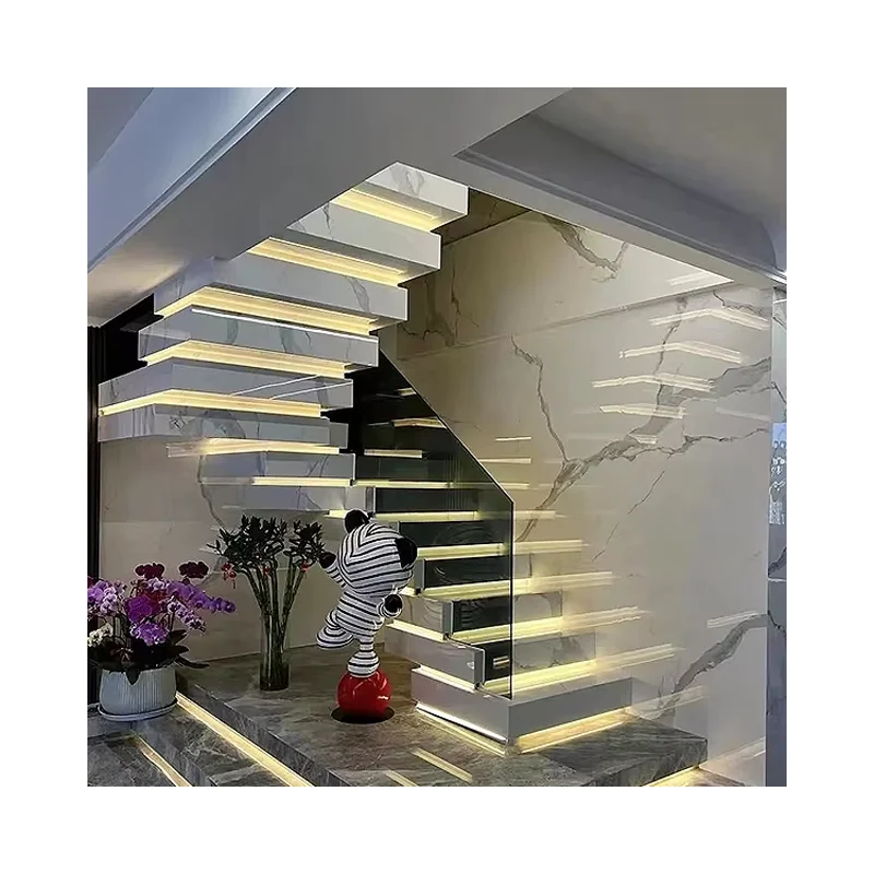 ECT 2023 Indoor Modern Design Wood Tread with lights Floating Staircase
