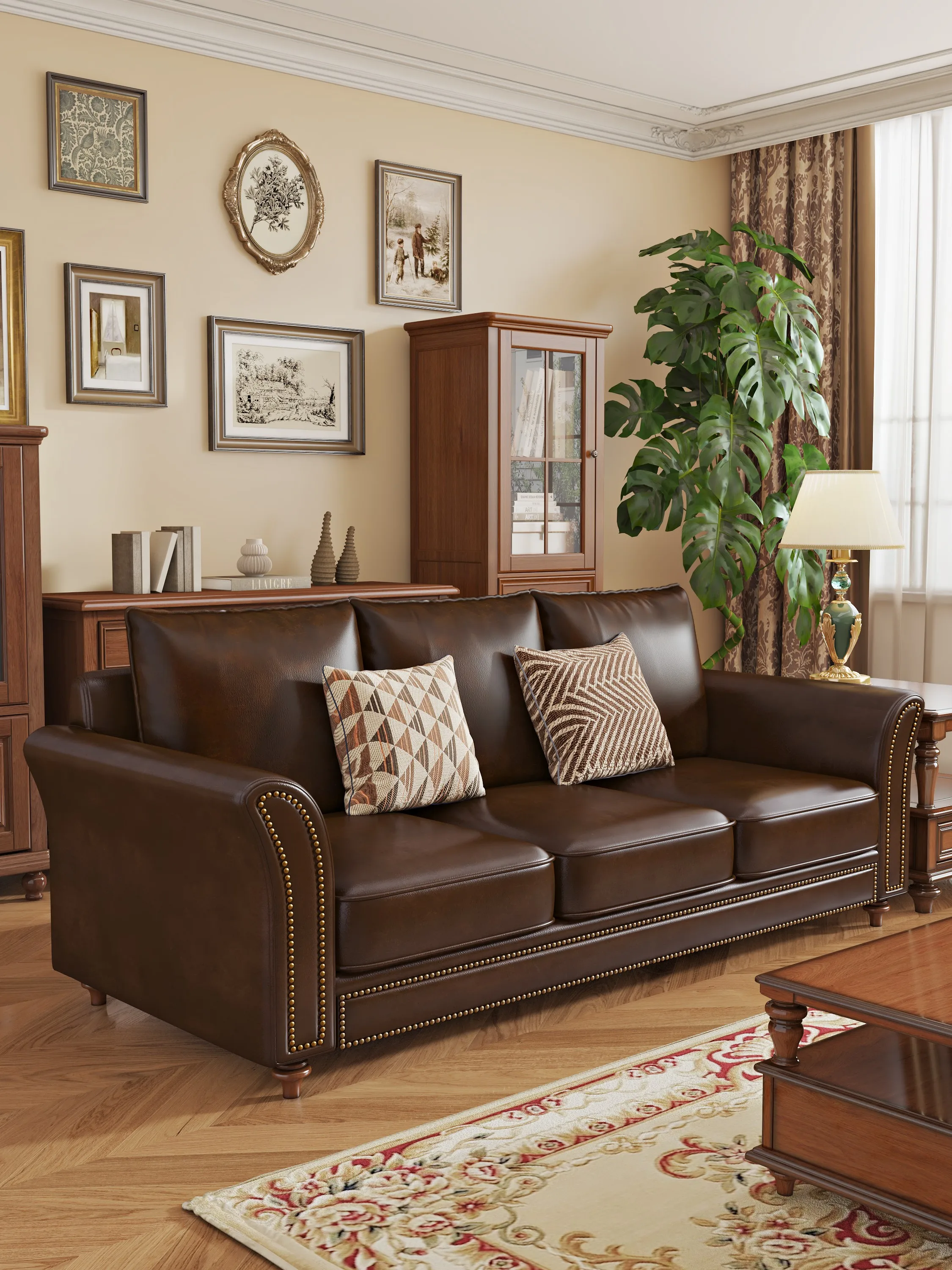 3 Seater Genuine Leather Sofa American Retro 1 2 3 Seat Sofa Set Living Room Countryside Solid Wood Furniture