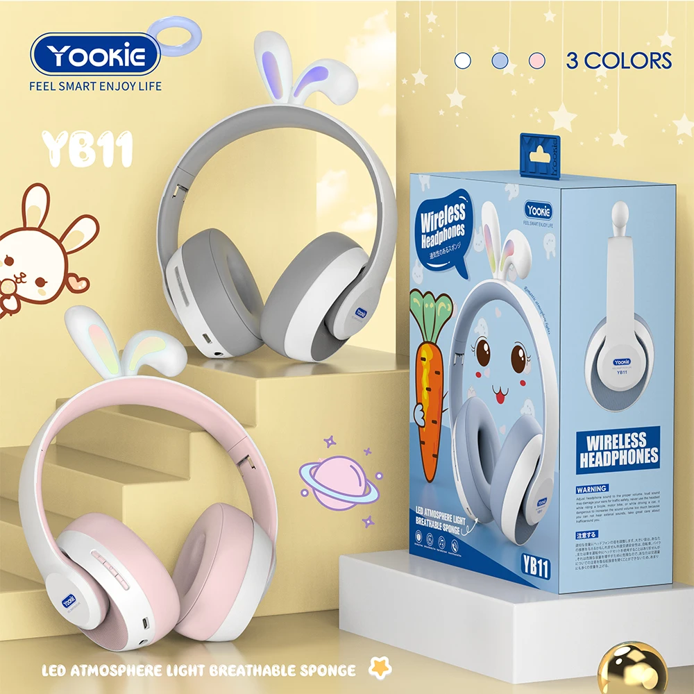 YB11 Led Colour Changing Kids Headset Macaron Over Head Children Headphone Rabbit Ear Shaped Bt Wireless Headphone