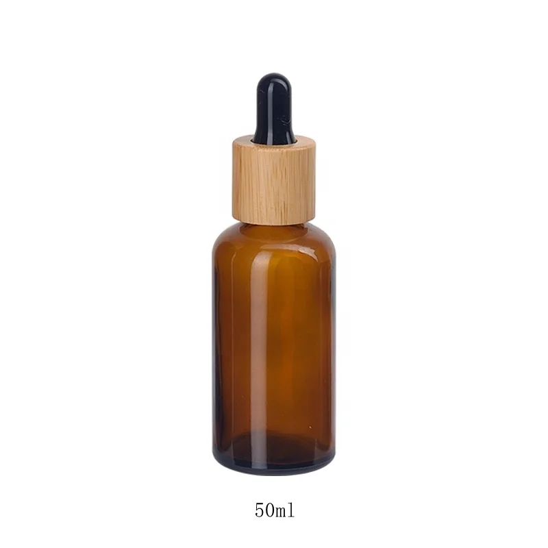 50ml amber glass essential oil bottle brown color glass cosmetic bottle with 18 mm bamboo wooden dropper for skin care body oil