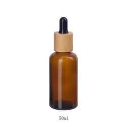 50ml amber glass essential oil bottle brown color glass cosmetic bottle with 18 mm bamboo wooden dropper for skin care body oil