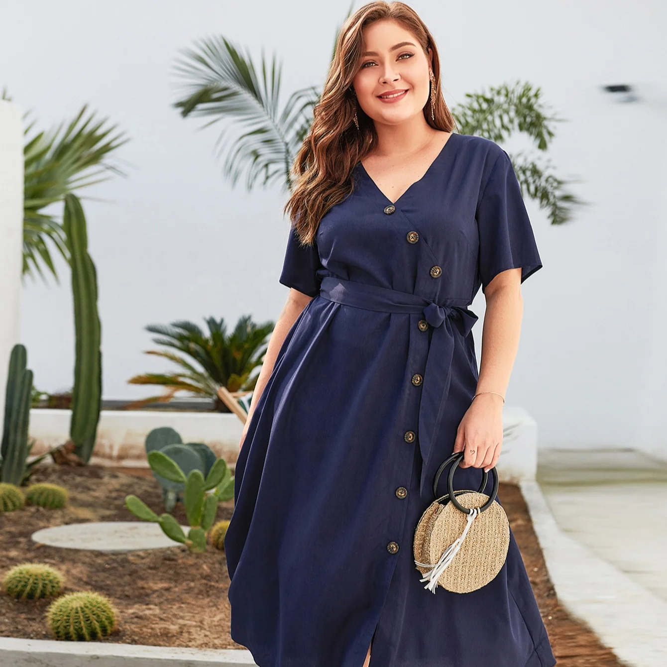 Plus size women fat dresses  plus size women long shirt dress  Relaxed fit shirt dress with  V neck  and button  for summer
