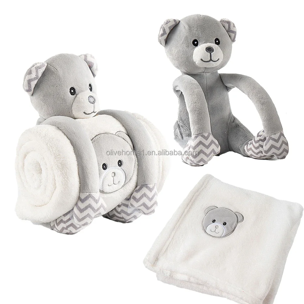 Bear Blankey Hugger Set Embroidery Bear White Throw Baby Blanket for small trolley
