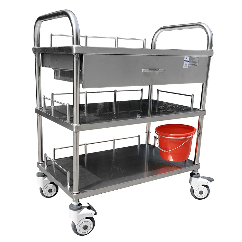 MT Manufacturer 304 Stainless Steel Instrument Cart Medical 3 Layers with Rails Instrument Cart Trolley