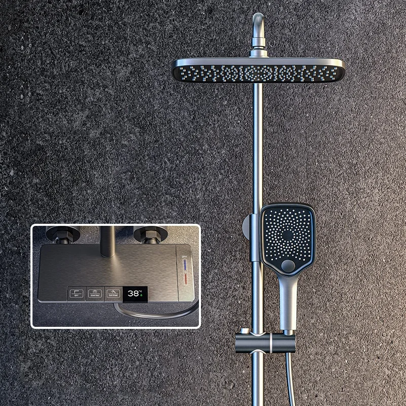 popular gun gray brass bathroom Piano keys shower sets single handle led thermostatic rainfall shower faucet set