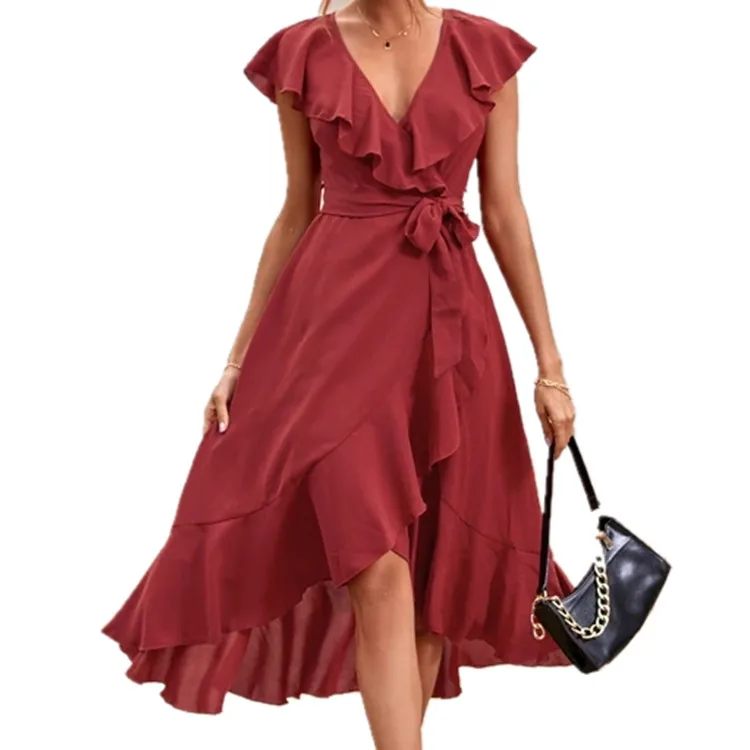 Женское свободное платье с V-образным вырезом, однотонное платье с длинными рукавами и широким разрезом, весна-осень 2021