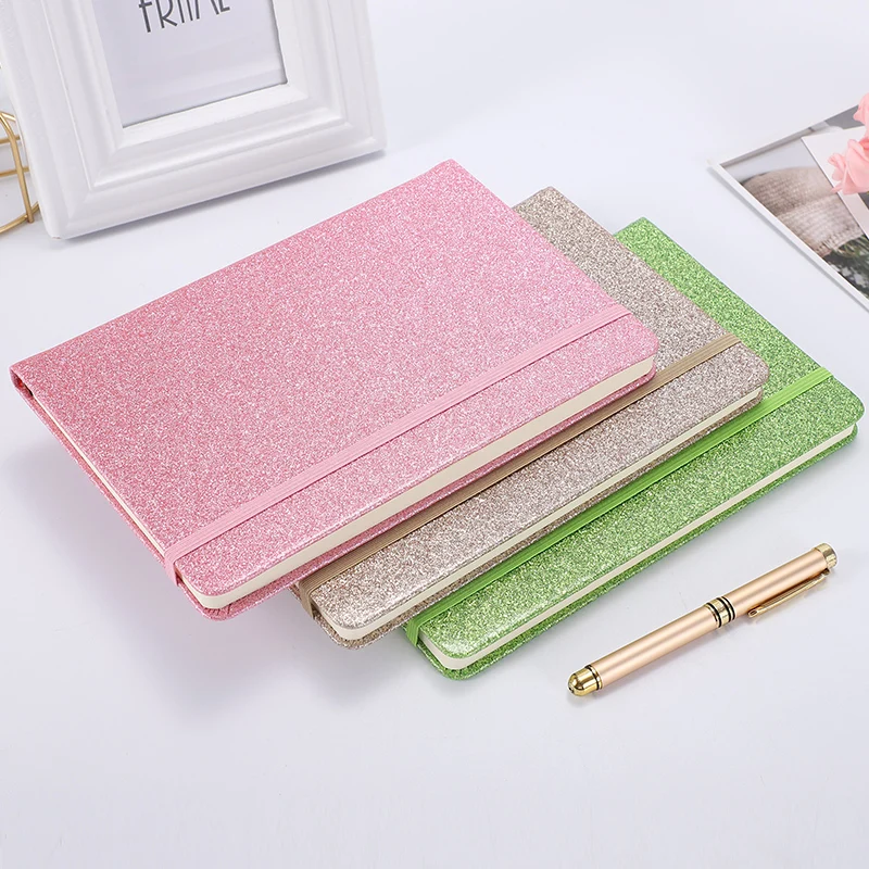 new design bright PU leather cover notebook A5 shine line pages diary flash color notebook with elastic strap  for stock