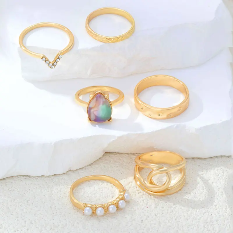 CDD French Elegant Pearl Geometric Knuckle Rings Set for Women Charm Finger Ring Female Boho Party Jewelry