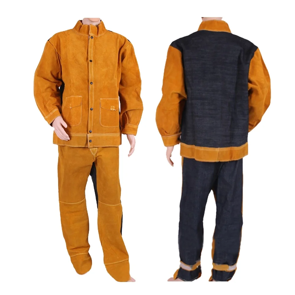 Leather Welding Suit Safety Work Long Sleeves Heat Resistant Cowhide Split Leather Welding Jackets And Welding Pants