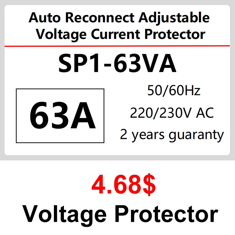 63A Voltage Protector - Auto Reconnect Adjustable Voltage Current Protector