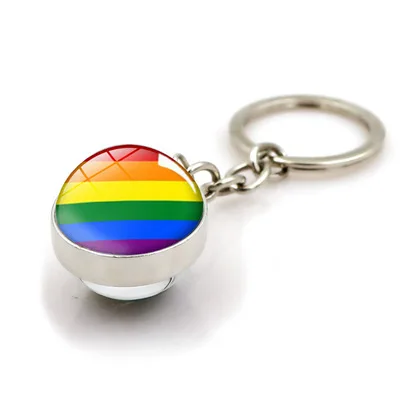 Silver Color Glass Cabochon Rainbow Pattern Double Side Glass Ball Car Keychain Ring Gay Pride Keychain (1600368204771)