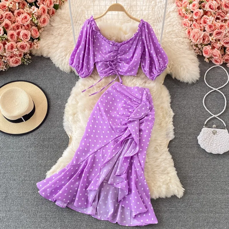 Floral Bubble Sleeve Short Jacket Seaside Holiday Suit High Waist Flounces Fishtail Skirt Summer