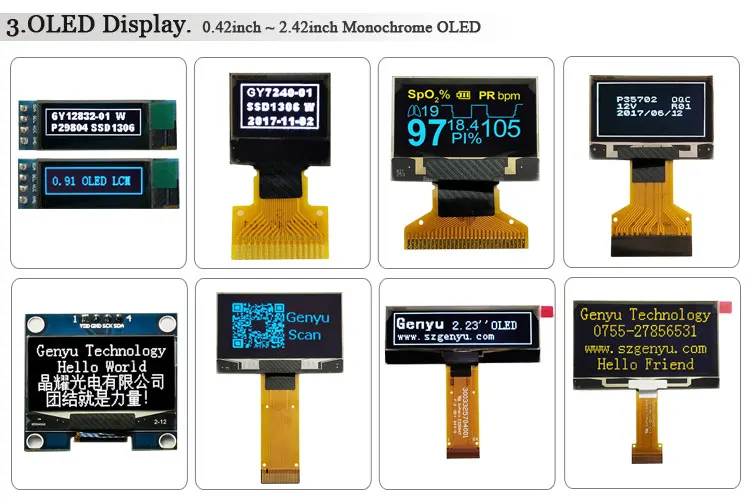 Genyu has mini size OLED Display, 0.42" 0.49" 0.66" 0.78" 0.87" 0.91" 0.96" 1.3" 1.54" 2.08" 2.3" 2.4" OLED Display  Ssd1315 Ssd1306 drive IC i2c oled spi oled display