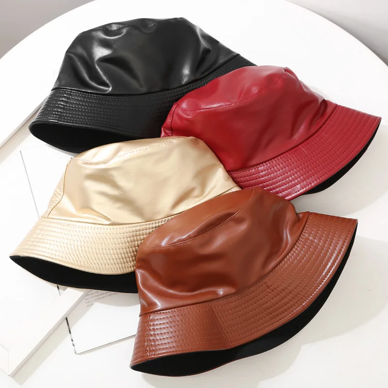 High Quality Custom Reversible Two side Fashion Plain Leather bucket hat pu leather Designer leather bucket hat
