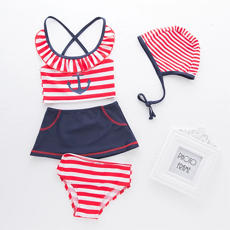 New Child Bathing Dress Costume Cute Navy Kids Striped Swimming Clothes Skirt Underwear Hat 4pcs Bikini For Baby Girl