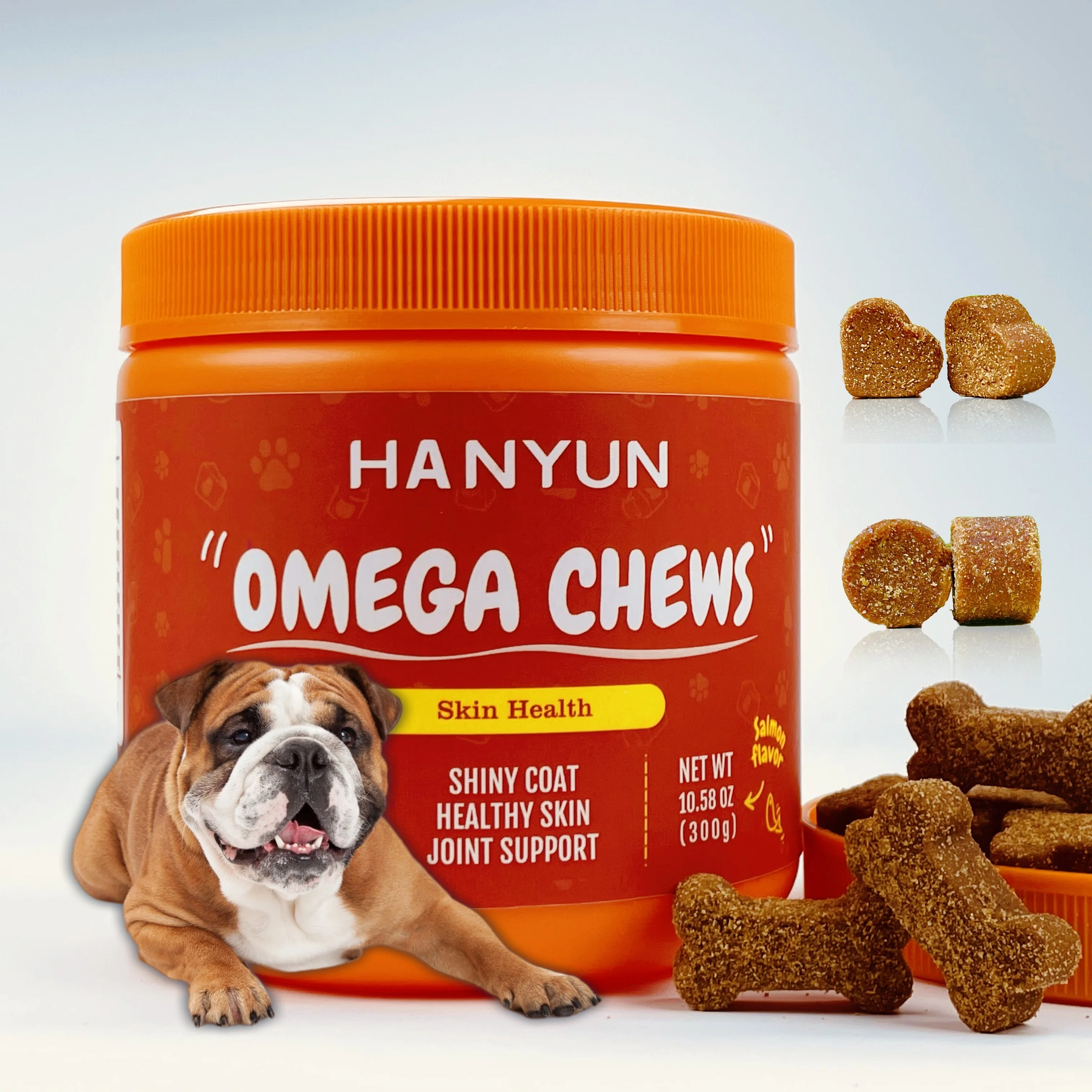 Orange bottle dog Skin and Coat Supplement - Alaskan Salmon Oil Chews Customised personal logo