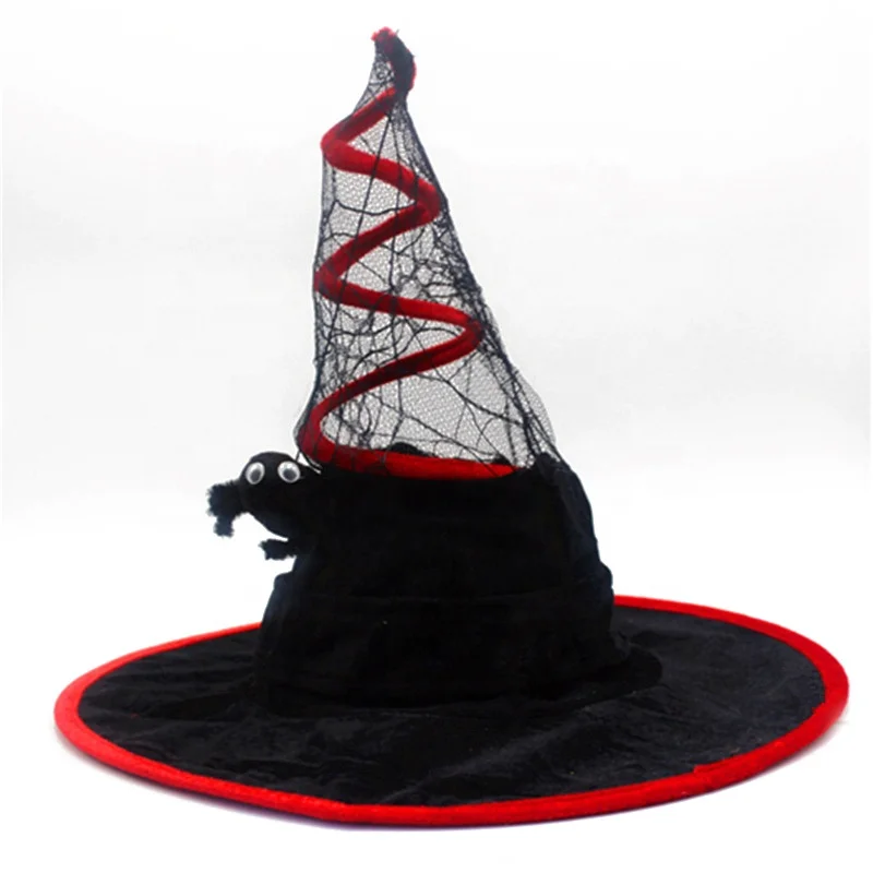 Factory Wholesale Halloween Party Witch Hat Hanging With Spider Spring Halloween Tulle Witch Hat Costume Accessory