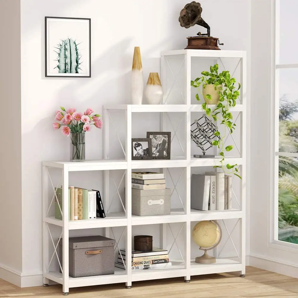 Modern Style Industrial Corner Bookshelf 9 Cubes Wooden Bookcase Display Shelf Storage Organizer for Home Office