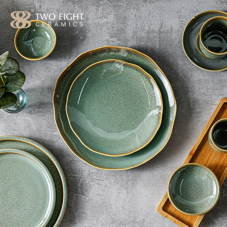 Wholesale Green Glazed Dinner Plates Sets Dinnerware Restaurant Tableware Supplier Rustic Porcelain Ceramic Dishes Plates Set