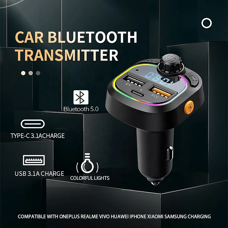 Bluetooth 5.0 FM Transmitter Modulator Audio Receiver USB Fast Charger Ambient Light Handsfree Car Mp3 Player Support U Disk