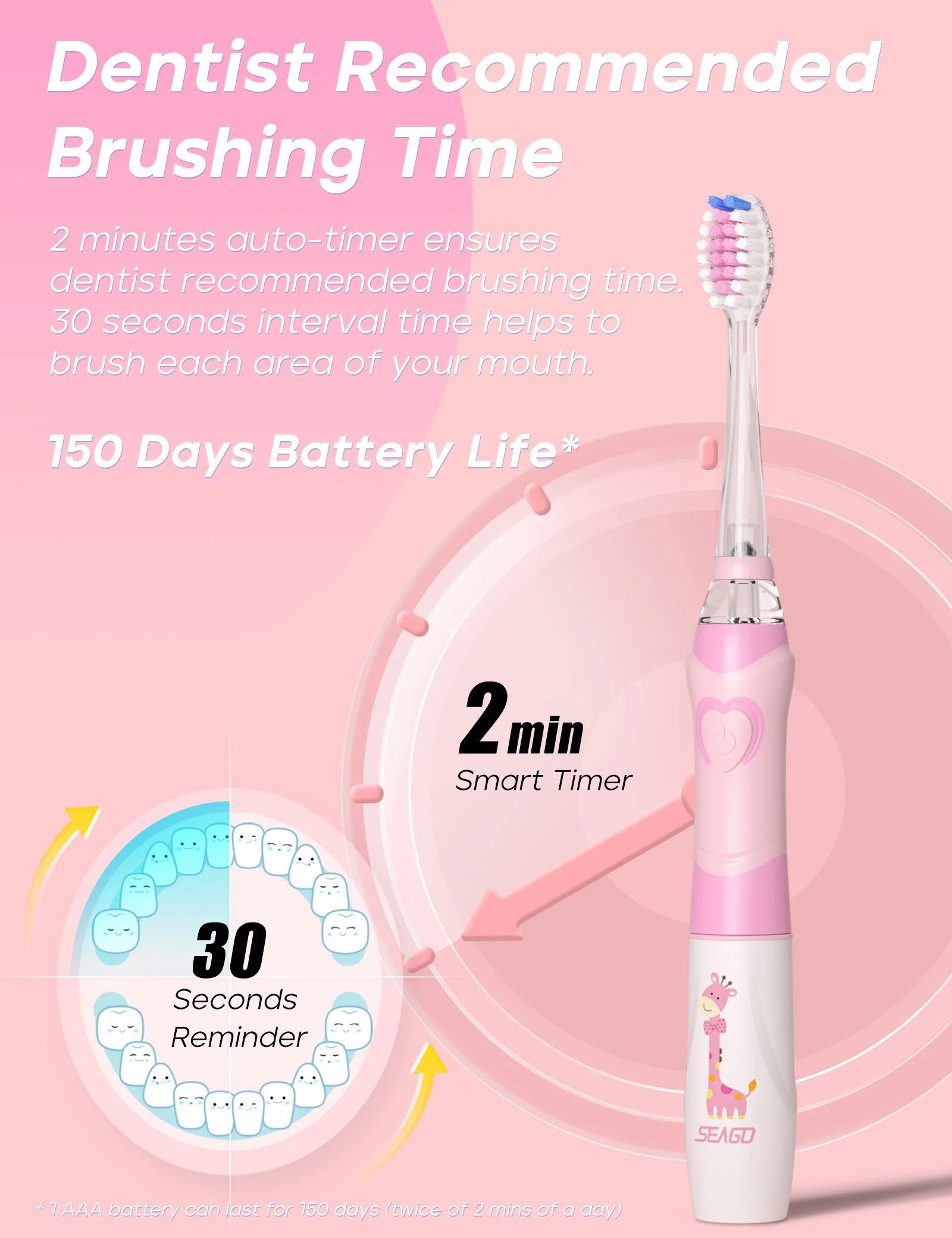 Seago SG-977 Colorful LED Light 2 Minutes Auto-Timer Kids Child Battery Sonic Electric Toothbrush With IPX7 Waterproof