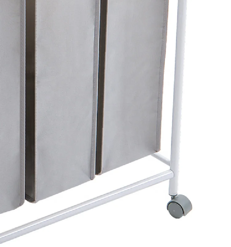 Wholesale 3 Sections Fabric Laundry Hamper Basket Heavy Duty Metal Dirty Clothes Bag With Wheels .