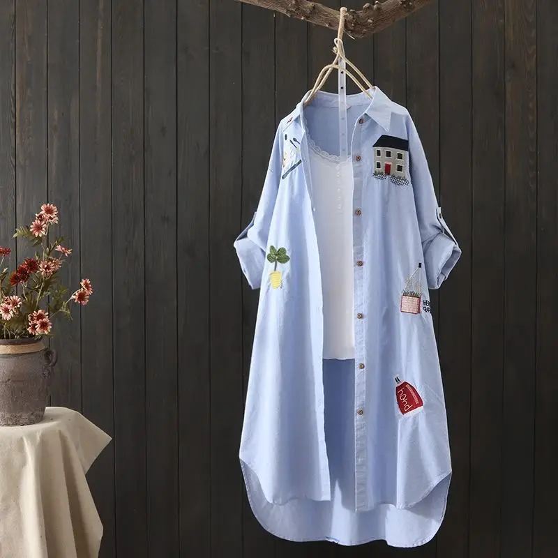 Loose Long Shirt Women Cotton House Embroidery Long Sleeve Plus Size M-3XL White Shirt Blouse Tops Outwear