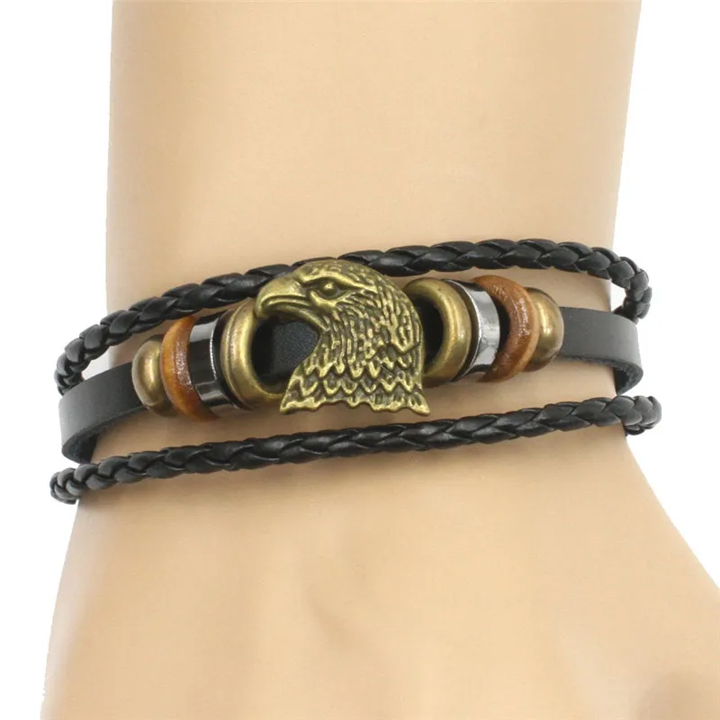 Leather Alloy Vintage Strap Wristband  Eagle Head Multilayer Knitting bracelet AYB006