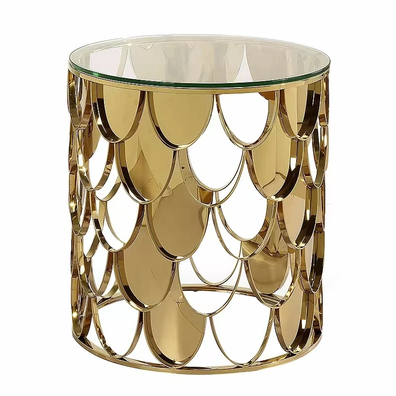 Modern Fish Scale Tea Corner Table Round Marble/Glass Gold Stainless Steel Frame Coffee Side Table Bedroom Living Room Furniture