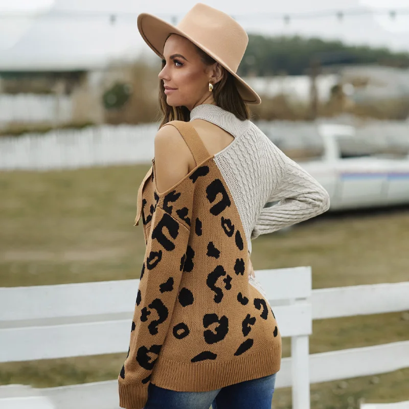 Hot Sale Fall 2022 Women Clothes Long Sleeve Asymmetrical Leopard Crochet Design Ugly Sweater Women