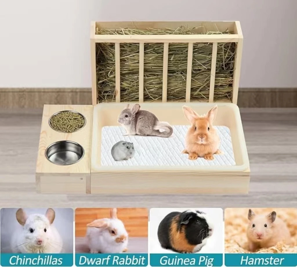 Caoxian Huashen Rabbit Hay Feeder Litter Box Wooden Rabbit Hay Feeder Guinea Pig Hay Rack  Toilet Small Animal