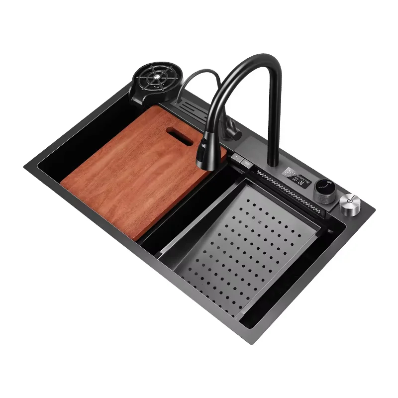 Cup Washer Multifunctional Waterfall Tap Smart Display Kitchen Sinks Set Grey 304 Stainless Steel Copper Kitchen Modern