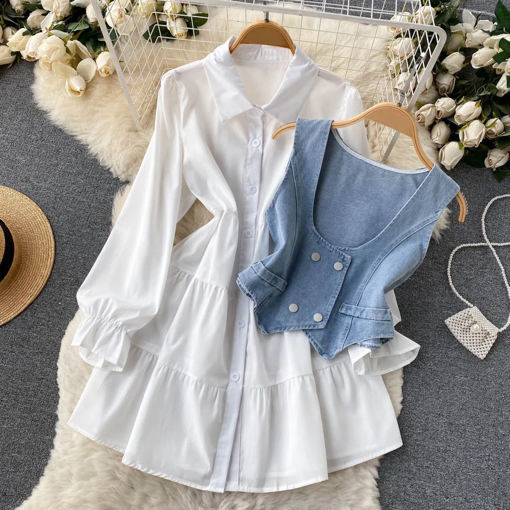 High quality fall set woman pearl sling vest denim top long sleeve dress two piece skirt set
