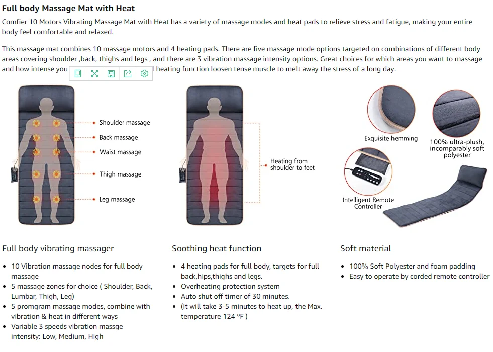 Comfier Hot Sales Full Body mattress With Heat/vibtation massage mat