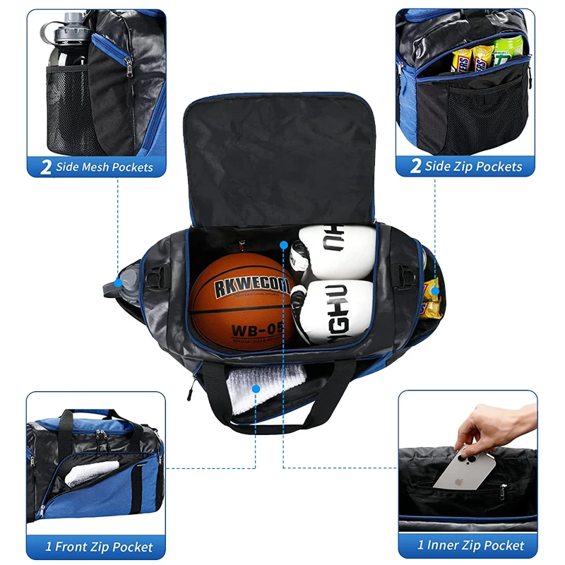 High Quality Waterproof Unisex Sneakers Travel Gym Duffle Bag 2 Bottle Holders Printed Metallic Sports Training Bag Zippered