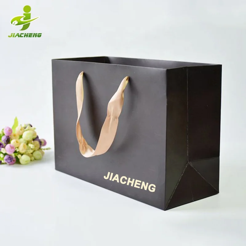 Custom Printed Personalized Brand Logo Premium Black Clothing Retail Gift Paper Shopping Bag With Ribbon Handles