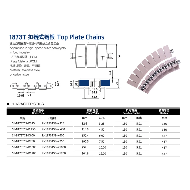 1873TAB Series side flexing top conveyor chain with roller chain
