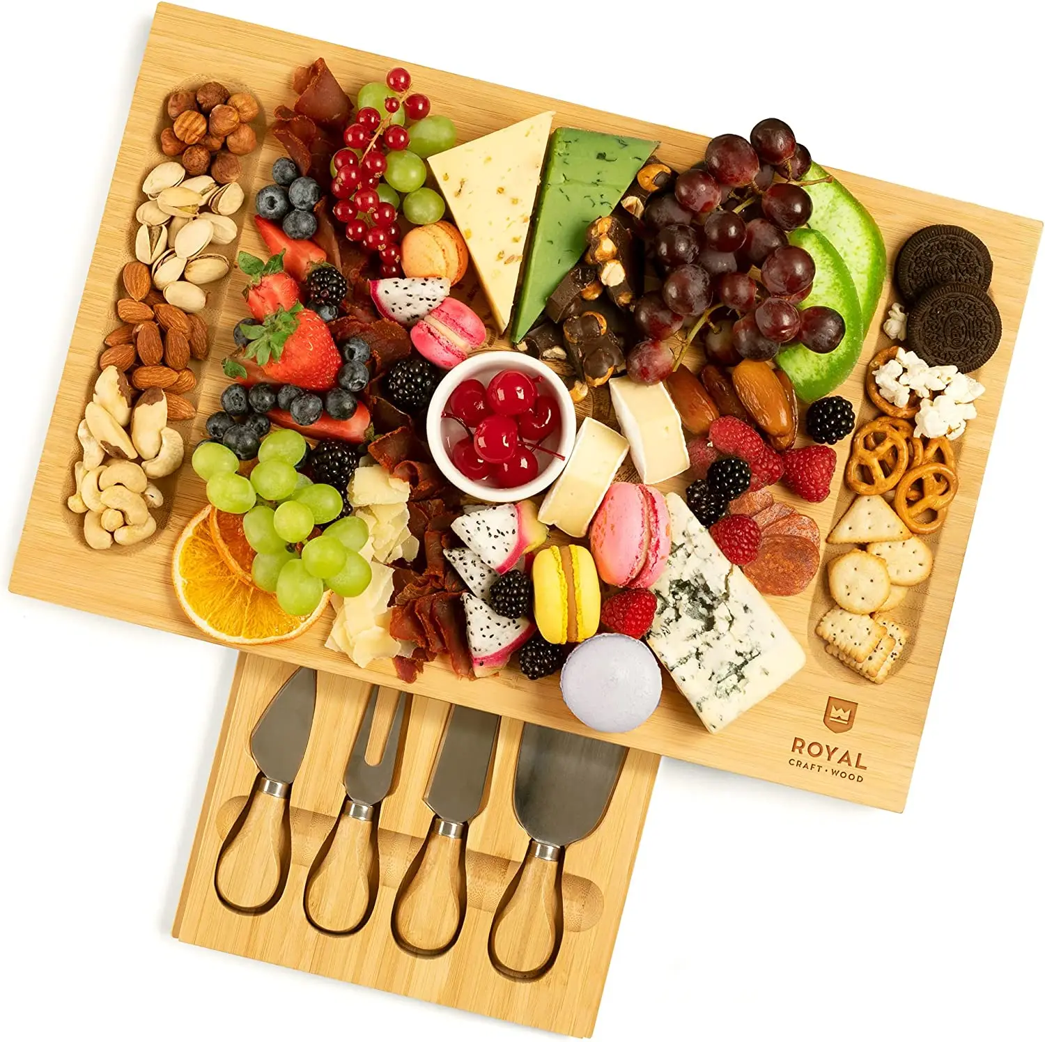 Bamboo Cheese Board Charcuterie Platter Cheese Tray Including 4 Stainless Steel Knife Thick Wooden Server