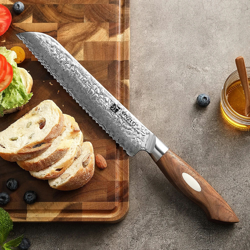 XINZUO New Japanese High Carbon Hammered 67 layers AUS10 Damascus Steel Walnut Wood Kitchen Bread Knife 8 INCH