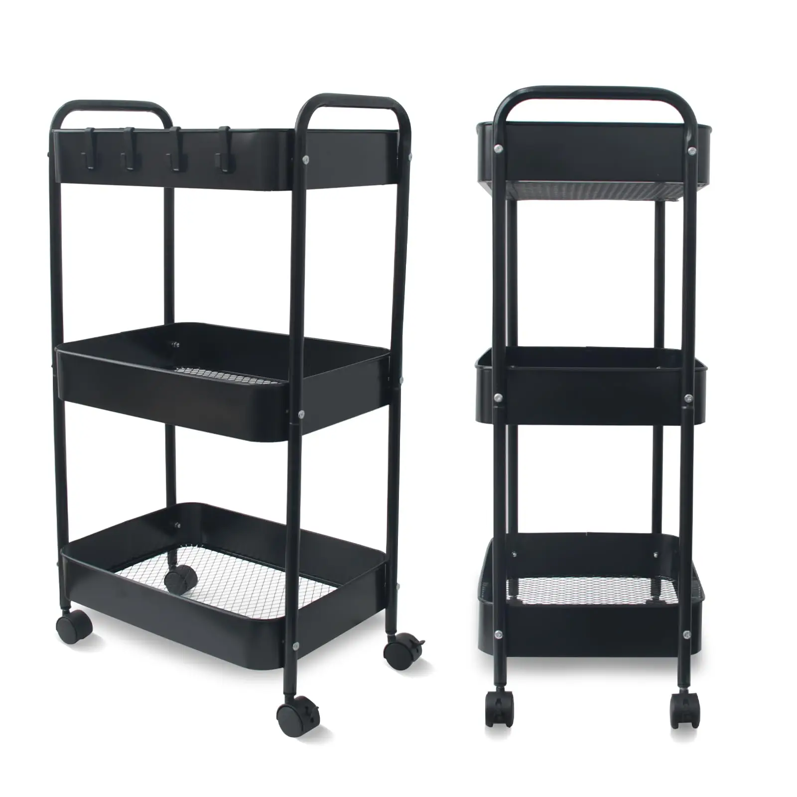 3 Tier Rolling Kitchen Cart Metal Utility Cart on Wheels Organizer Storage Trolley with 4 Hooks Basket Caddy Cart for Home