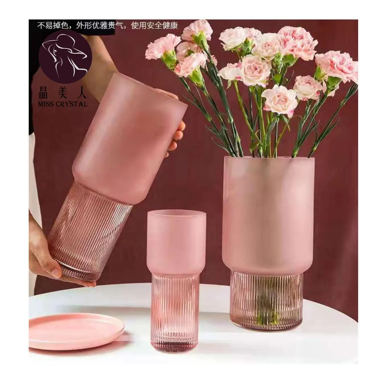 Pink Round Glass Vase Frosted Gradient Color Mariage Glas Vases Cheap Wholesale Home Decor Flower Vase