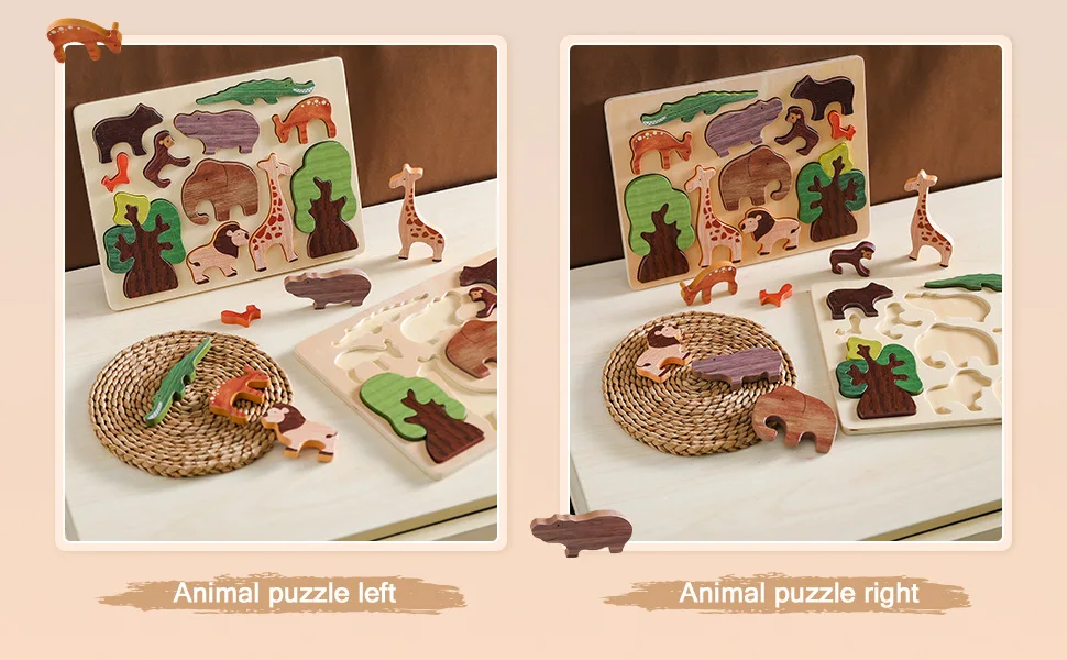 Baby animal puzzles hand grasping board inlays early education puzzle blocks matching cognitive wooden puzzle board stacking
